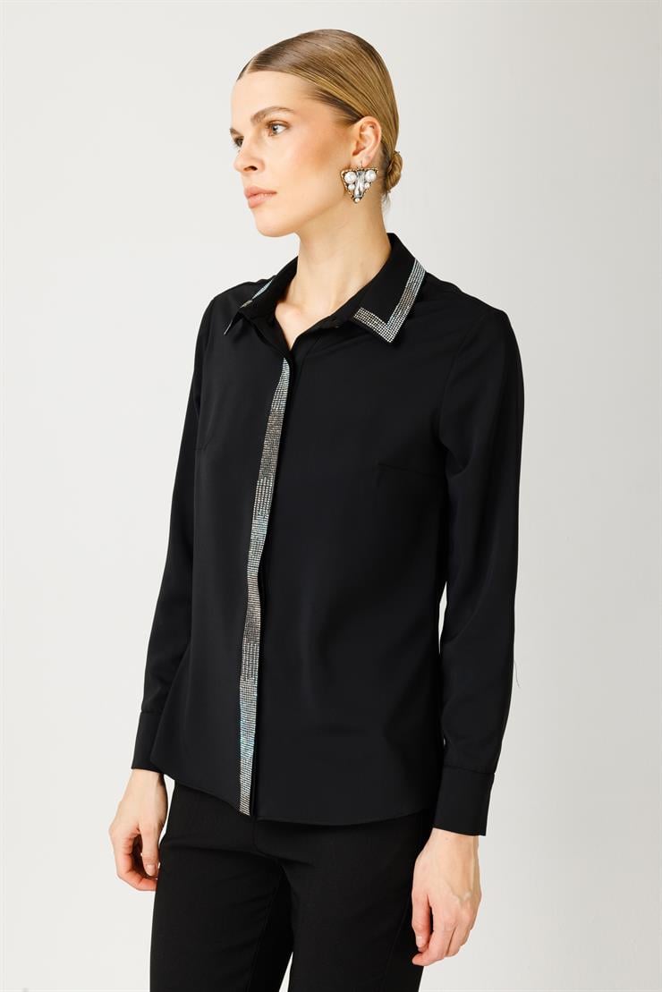 Modailgi  Yakası ve Önü Taş Detaylı Gömlek Siyah