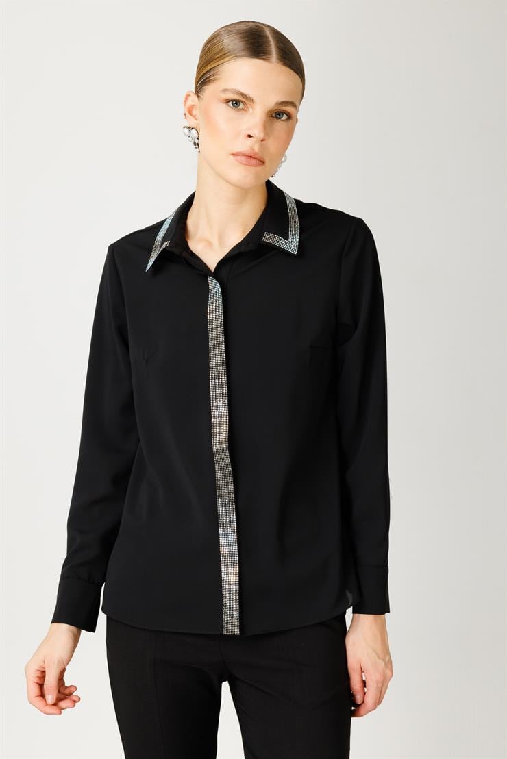 Modailgi  Yakası ve Önü Taş Detaylı Gömlek Siyah