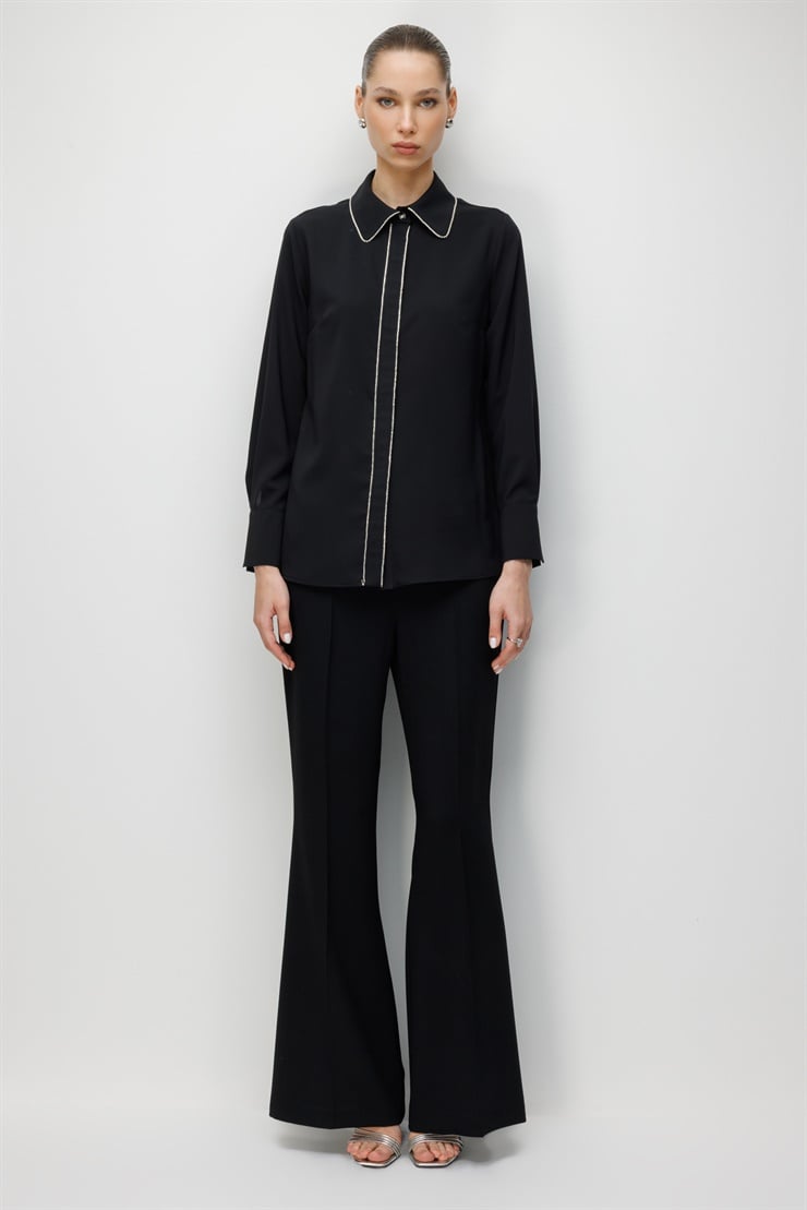 Modailgi  Yakası ve Patı Şerit Taş Detaylı Gömlek Siyah