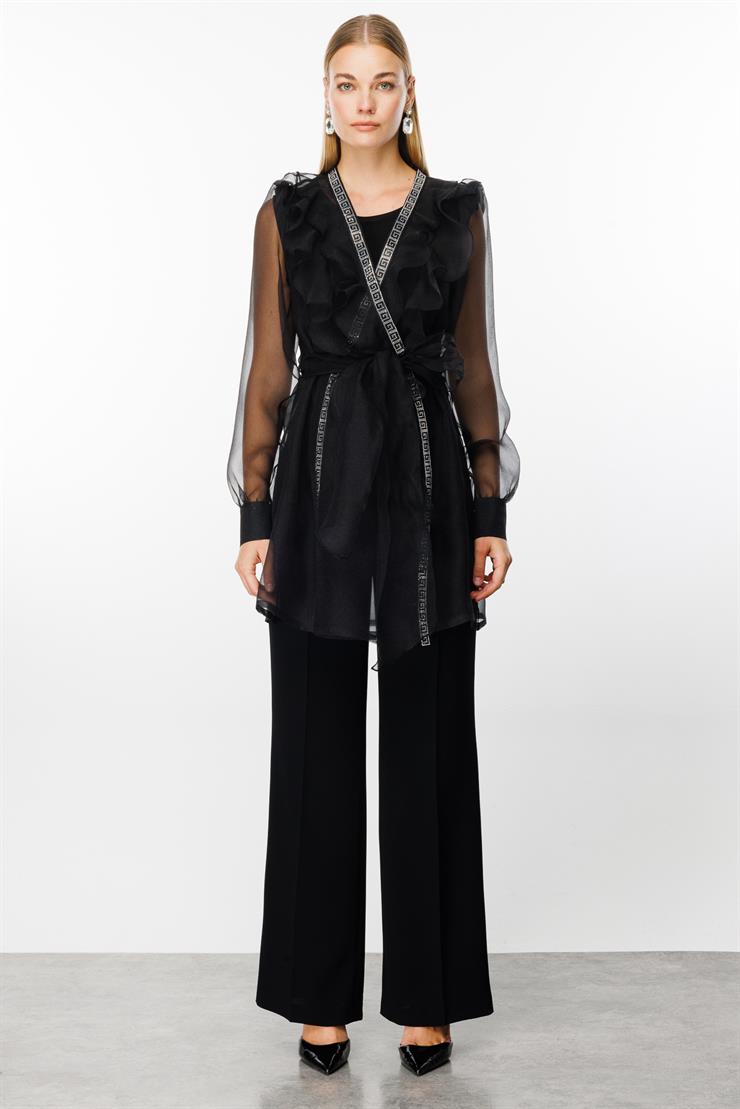 Modailgi  Yakası Volanlı Organze Uzun Tunik Siyah