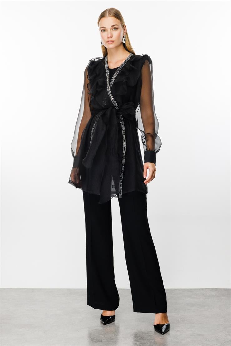 Modailgi  Yakası Volanlı Organze Uzun Tunik Siyah