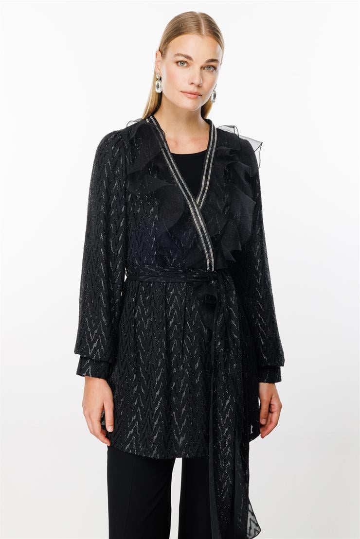 Modailgi  Yakası Volanlı Simli Jakar Uzun Tunik Siyah