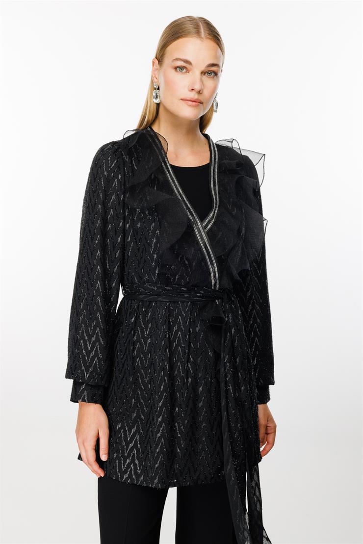 Modailgi  Yakası Volanlı Simli Jakar Uzun Tunik Siyah