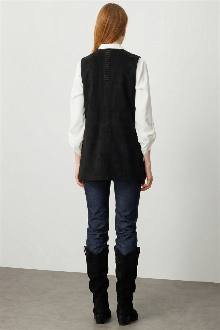 Modailgi  Yakasız Torba Cepli Yanları Lazer Kesim Şerit Detaylı Süet Yelek Siyah