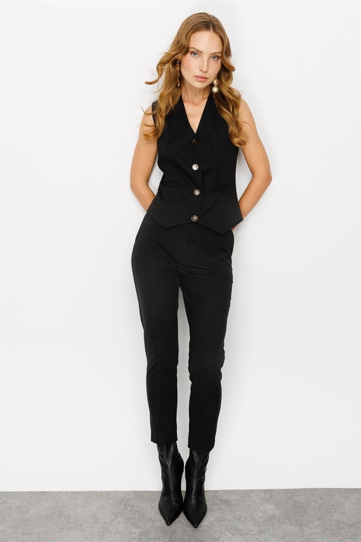 Modailgi  Yan Cep Dar Paça Çizgili Pantolon Siyah