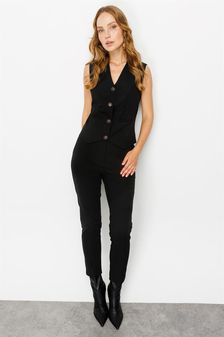 Modailgi  Yan Cep Dar Paça Çizgili Pantolon Siyah