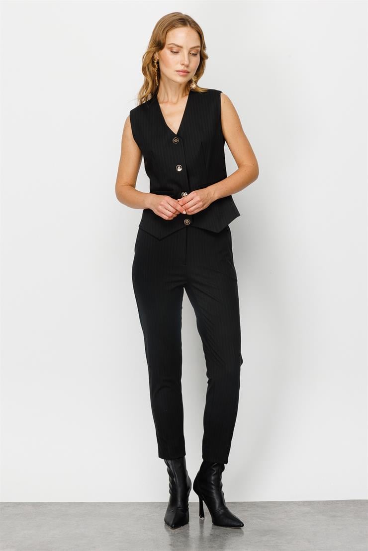 Modailgi  Yan Cep Dar Paça Çizgili Pantolon Siyah