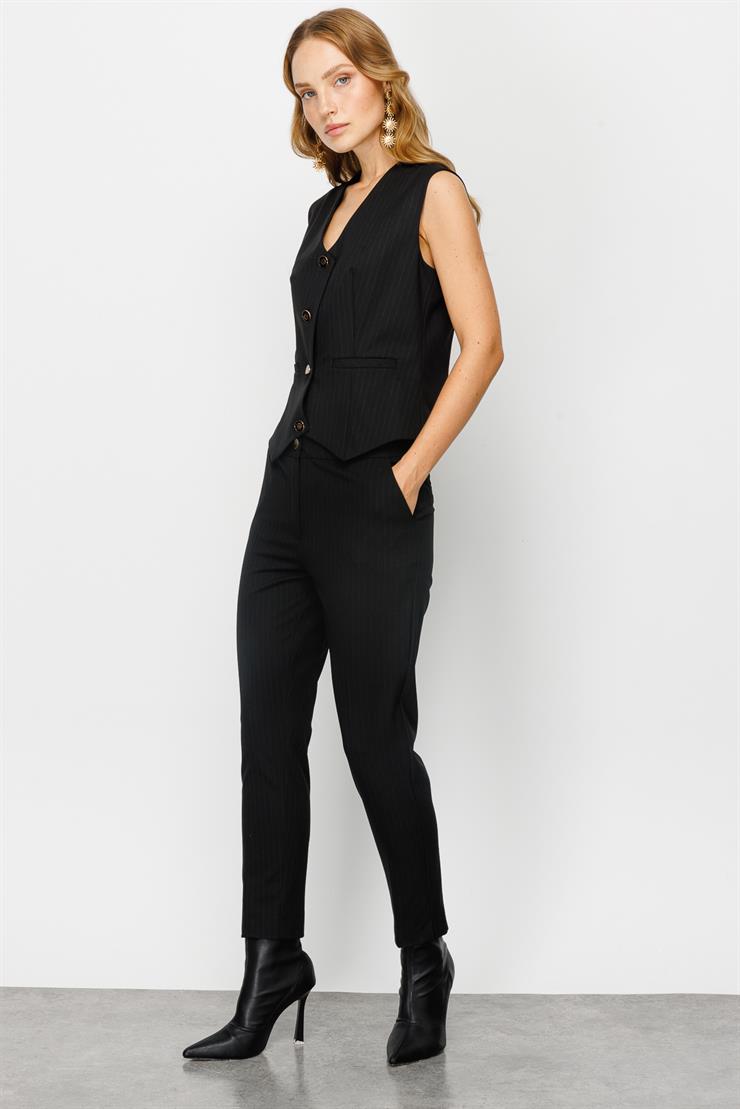 Modailgi  Yan Cep Dar Paça Çizgili Pantolon Siyah