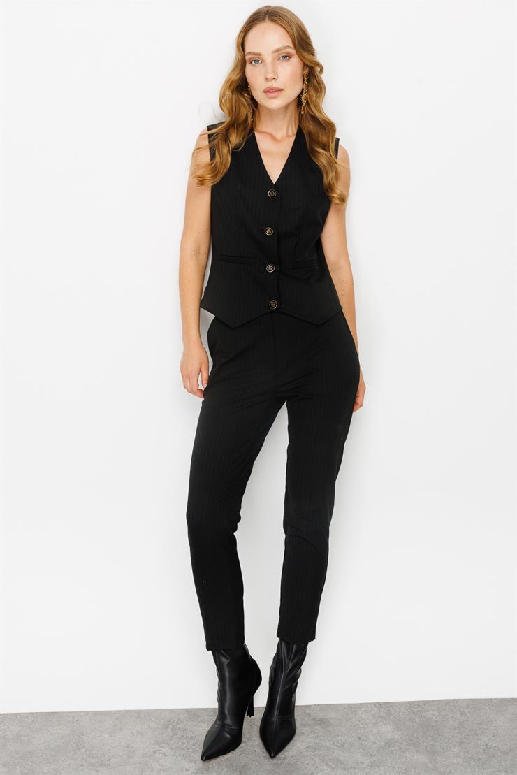 Modailgi  Yan Cep Dar Paça Çizgili Pantolon Siyah