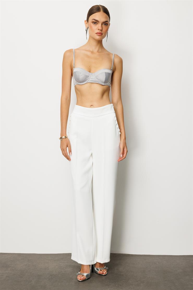 Modailgi  Yandan Cepli Düğme Detaylı Bol Paça Pantolon - 7964 Ekru