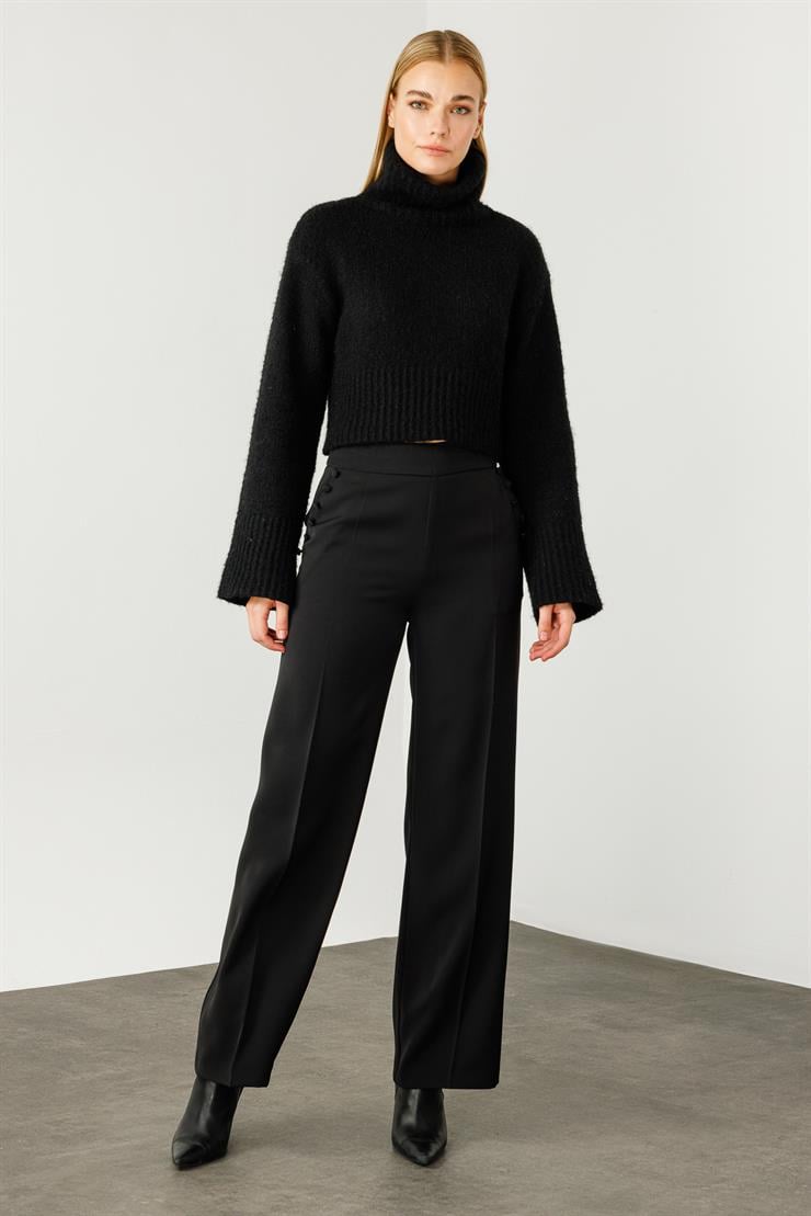 Modailgi  Yandan Cepli Düğme Detaylı Bol Paça Pantolon - 7964 Siyah