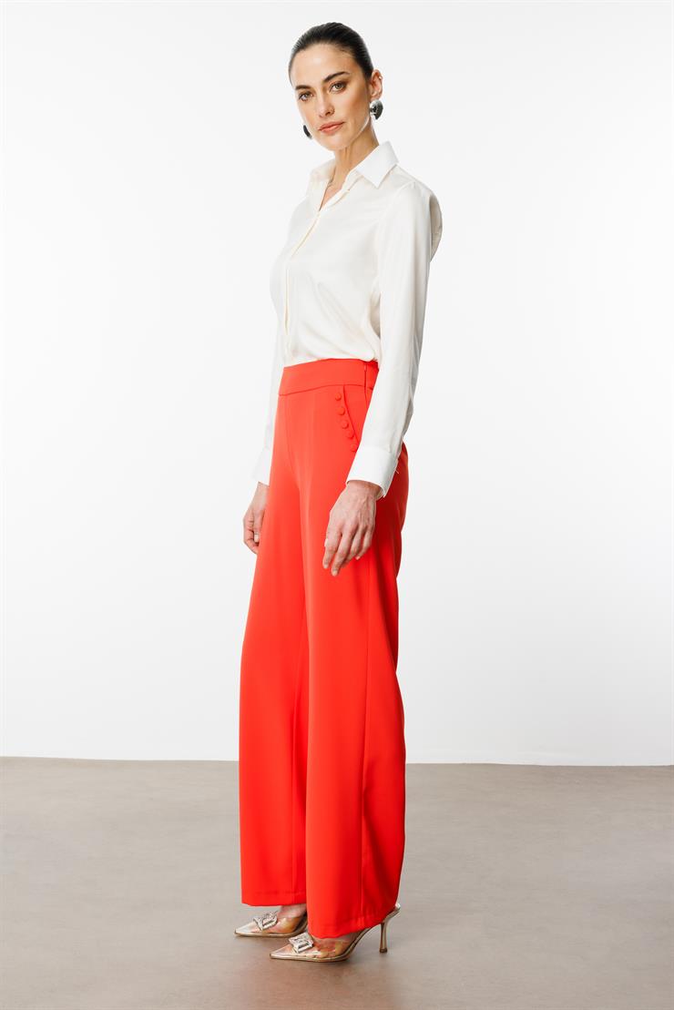 Modailgi  Yandan Cepli Düğme Detaylı Bol Paça Pantolon - 7964 Mercan