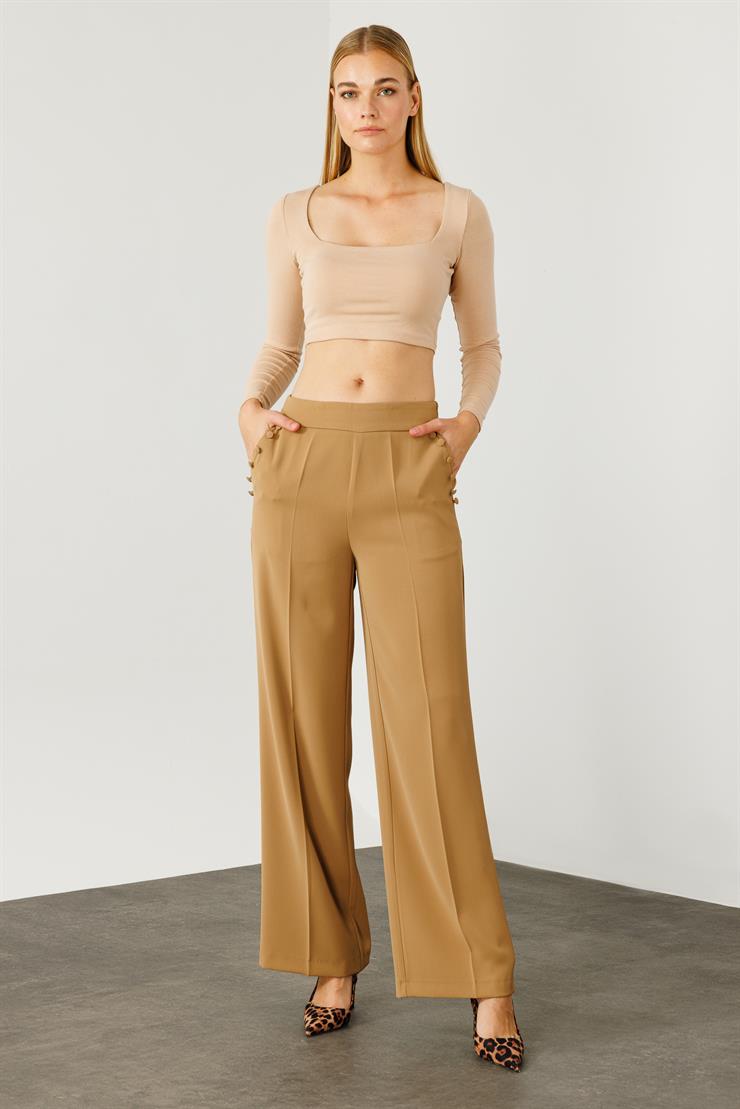 Modailgi  Yandan Cepli Düğme Detaylı Bol Paça Pantolon - 7964 Camel