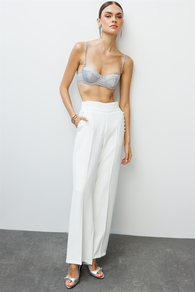 Modailgi  Yandan Cepli Düğme Detaylı Bol Paça Pantolon - 7964 Ekru