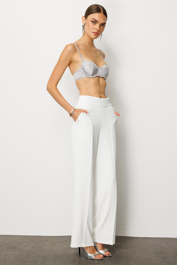 Modailgi  Yandan Cepli Düğme Detaylı Bol Paça Pantolon - 7964 Ekru