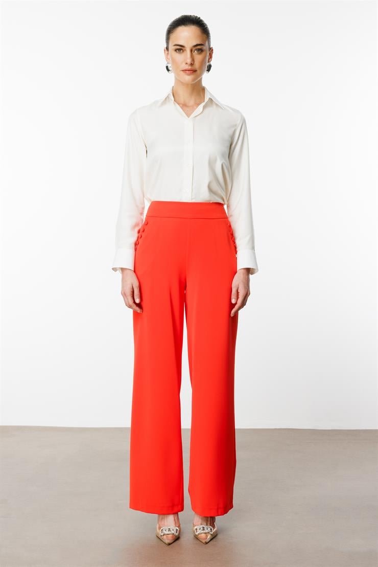 Modailgi  Yandan Cepli Düğme Detaylı Bol Paça Pantolon - 7964 Mercan