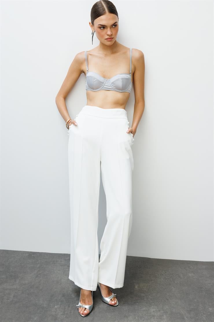 Modailgi  Yandan Cepli Düğme Detaylı Bol Paça Pantolon - 7964 Ekru