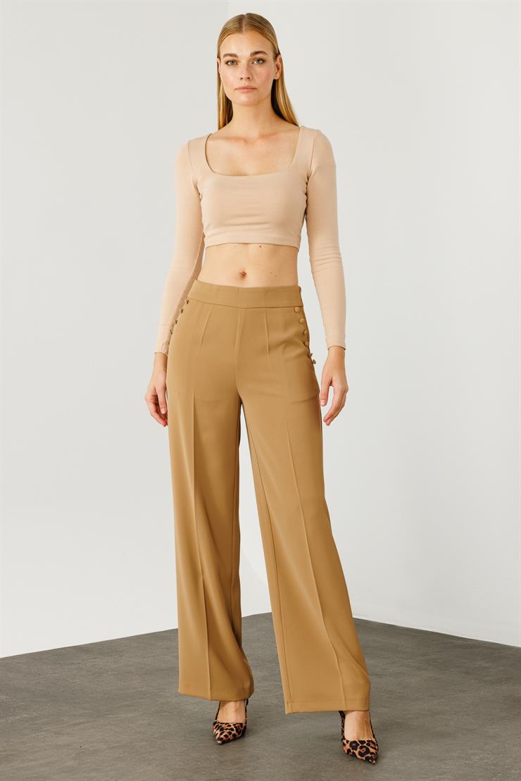 Modailgi  Yandan Cepli Düğme Detaylı Bol Paça Pantolon - 7964 Camel