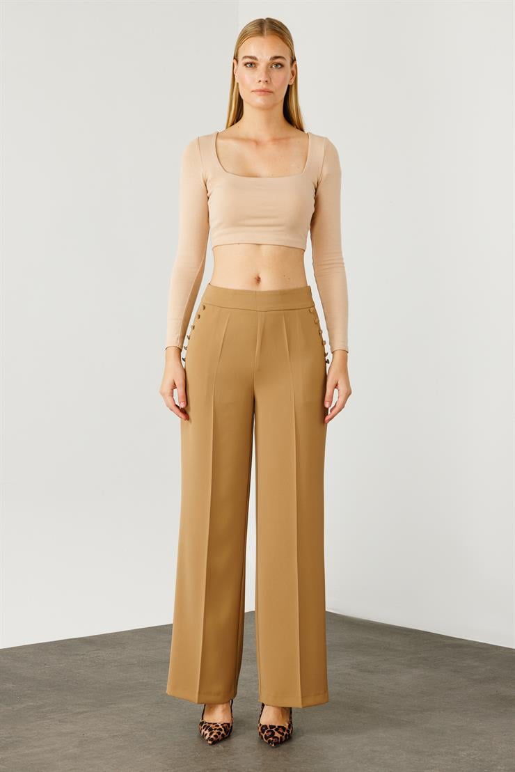 Modailgi  Yandan Cepli Düğme Detaylı Bol Paça Pantolon - 7964 Camel