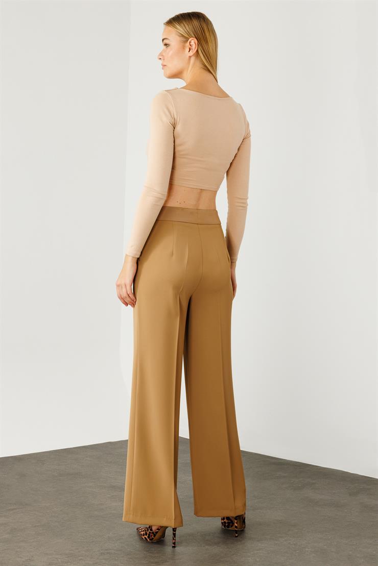 Modailgi  Yandan Cepli Düğme Detaylı Bol Paça Pantolon - 7964 Camel