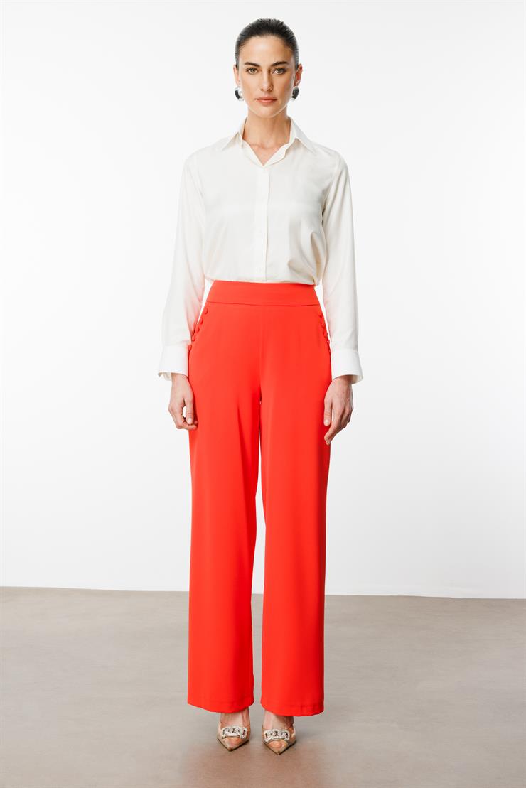 Modailgi  Yandan Cepli Düğme Detaylı Bol Paça Pantolon - 7964 Mercan