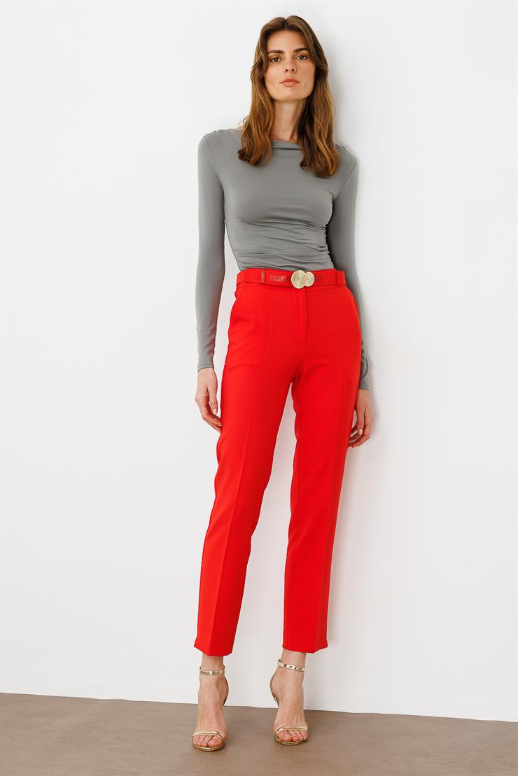 Modailgi  Yandan Cepli Kemer Detaylı Klasik Pantolon - 7615 Mercan