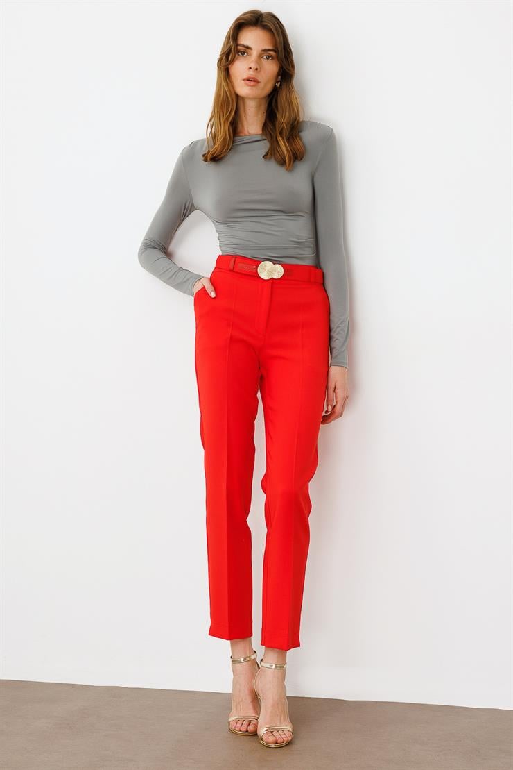 Modailgi  Yandan Cepli Kemer Detaylı Klasik Pantolon - 7615 Mercan