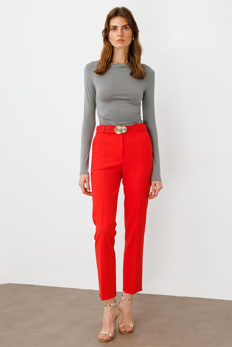 Modailgi  Yandan Cepli Kemer Detaylı Klasik Pantolon - 7615 Mercan