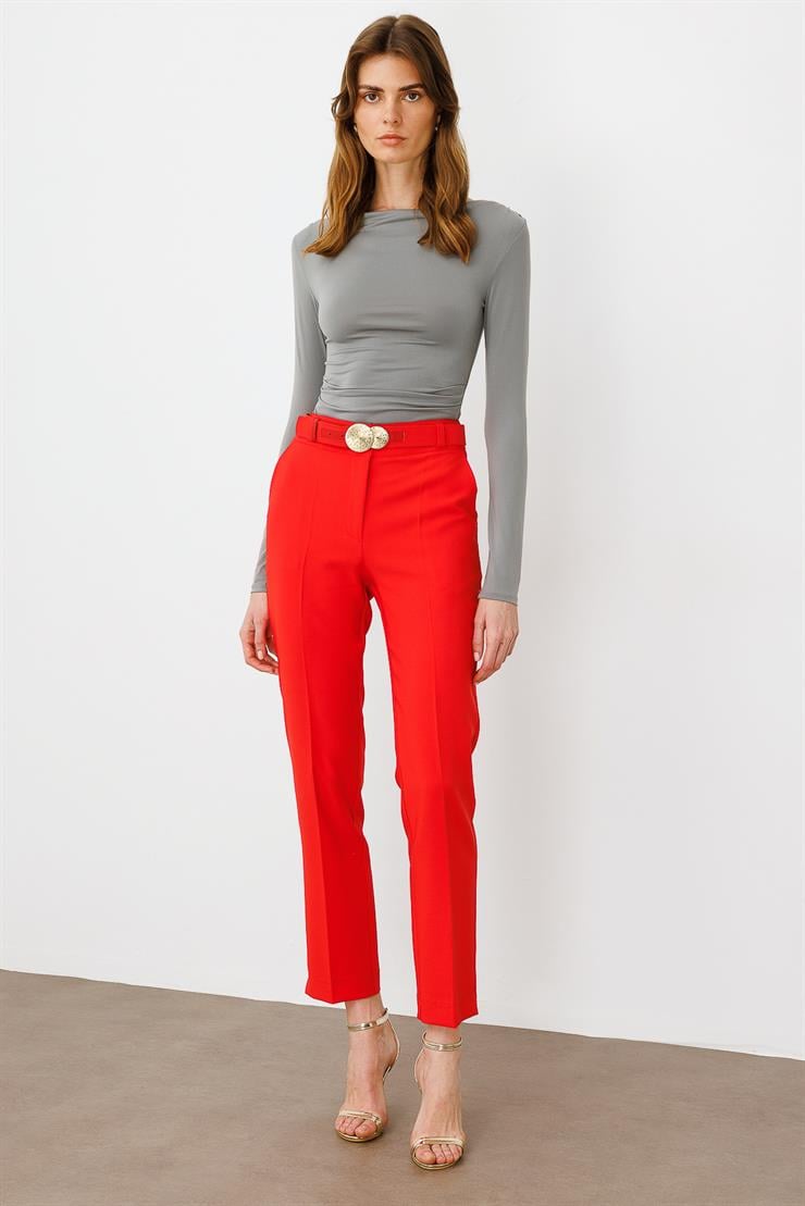 Modailgi  Yandan Cepli Kemer Detaylı Klasik Pantolon - 7615 Mercan