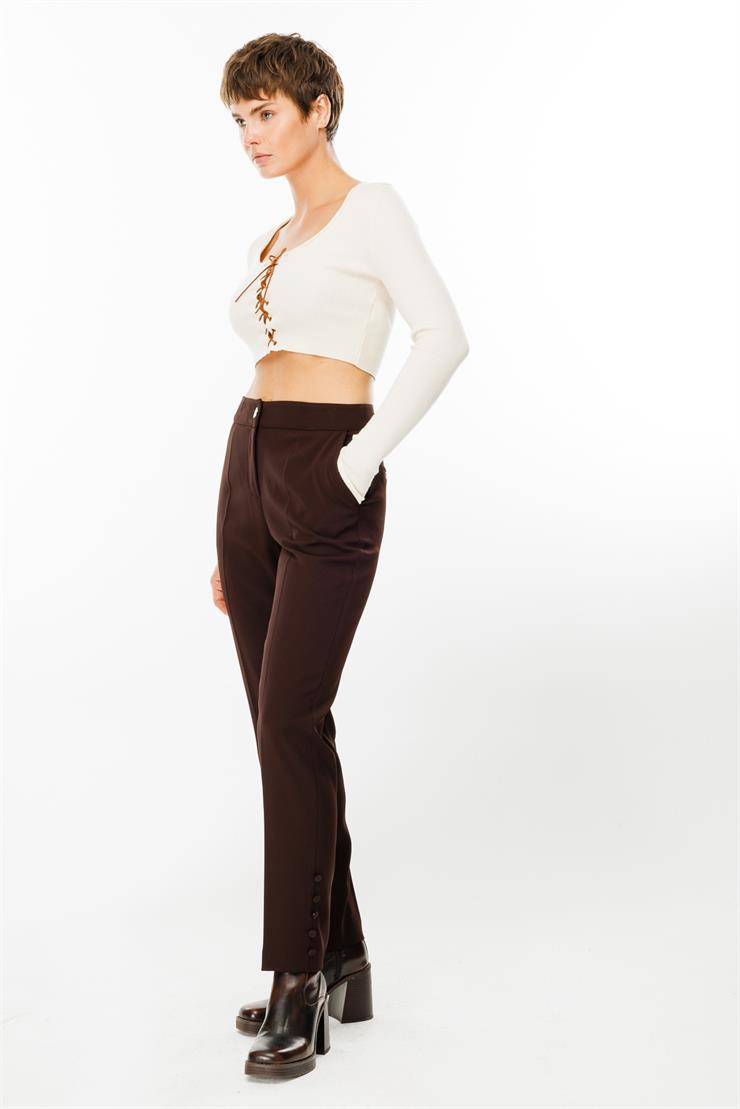 Modailgi  Yandan Cepli Paçası Düğme Detaylı Pantolon - 7061 Kahve