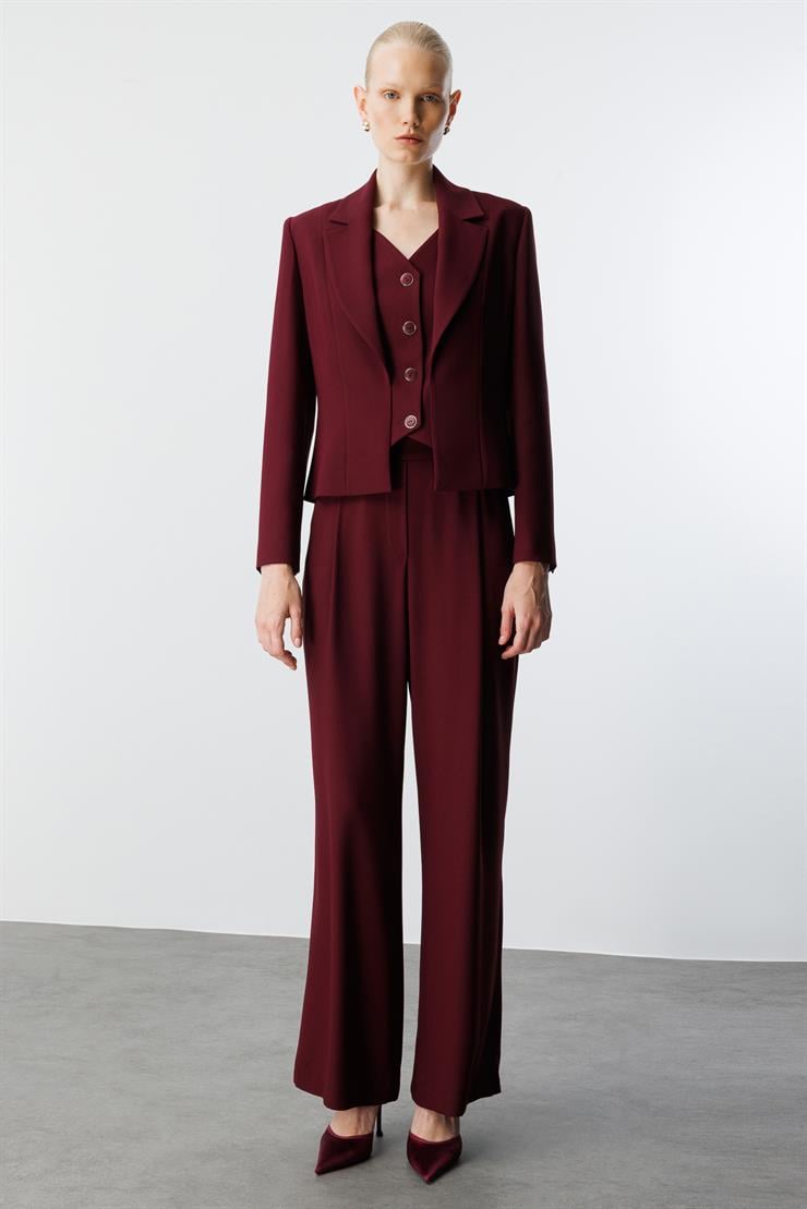 Modailgi  Yandan Cepli Pileli Kemeri Parçalamalı Ve Düğme Detaylı Plazzo Pantolon - 70030 Bordo