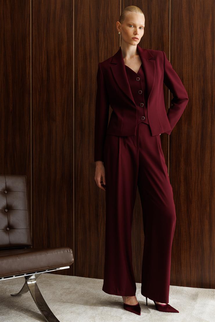 Modailgi  Yandan Cepli Pileli Kemeri Parçalamalı Ve Düğme Detaylı Plazzo Pantolon - 70030 Bordo