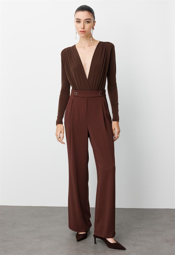 Modailgi  Yandan Cepli Pileli Kemeri Parçalamalı Ve Düğme Detaylı Plazzo Pantolon - 70030 Kahve