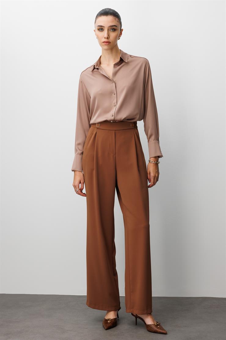 Modailgi  Yandan Cepli Pileli Kemeri Parçalamalı Ve Düğme Detaylı Plazzo Pantolon - 70030 Tarçın