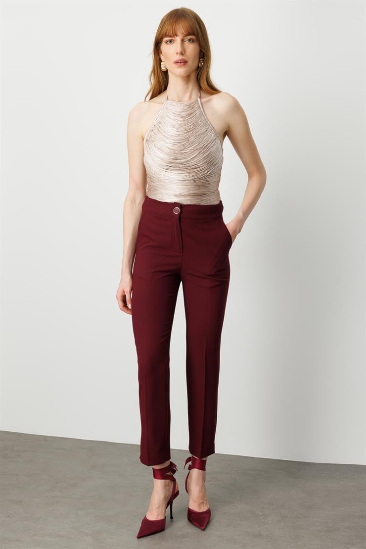 Modailgi  Yandan Cepli Yüksek Bel Bilek Boy Klasik Pantolon - 70031 Bordo