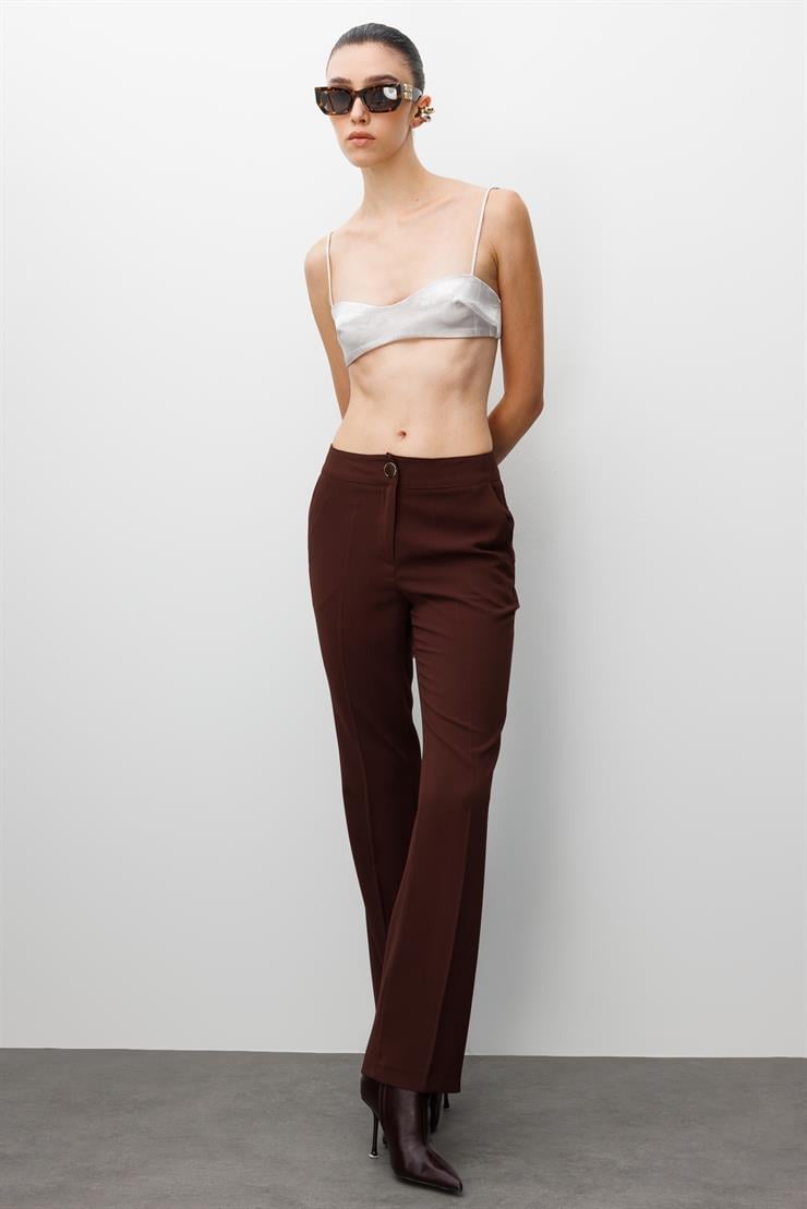 Modailgi  Yandan Cepli Yüksek Bel Bilek Boy Klasik Pantolon - 70031 Kahve