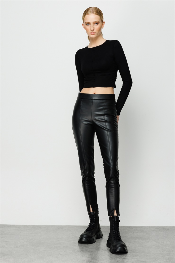 Modailgi  Yandan Fermuarlı Deri Pantolon Siyah