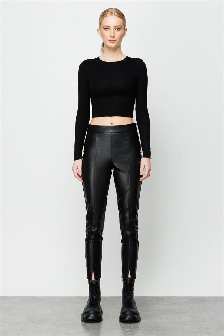 Modailgi  Yandan Fermuarlı Deri Pantolon Siyah