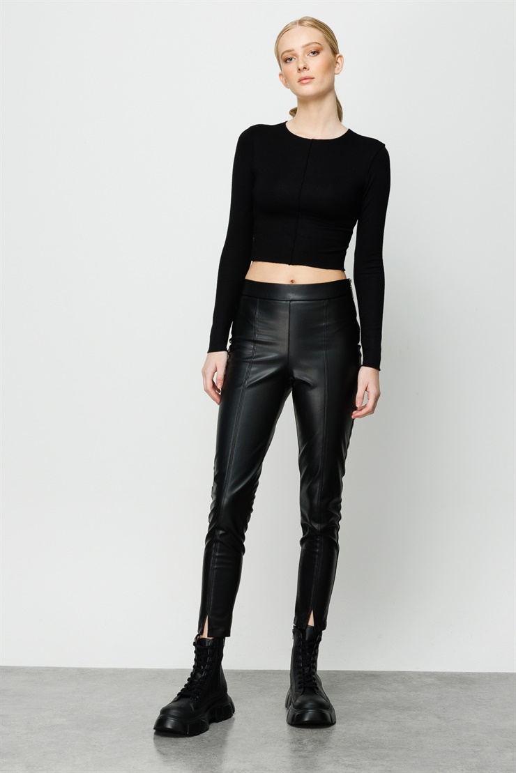 Modailgi  Yandan Fermuarlı Deri Pantolon Siyah