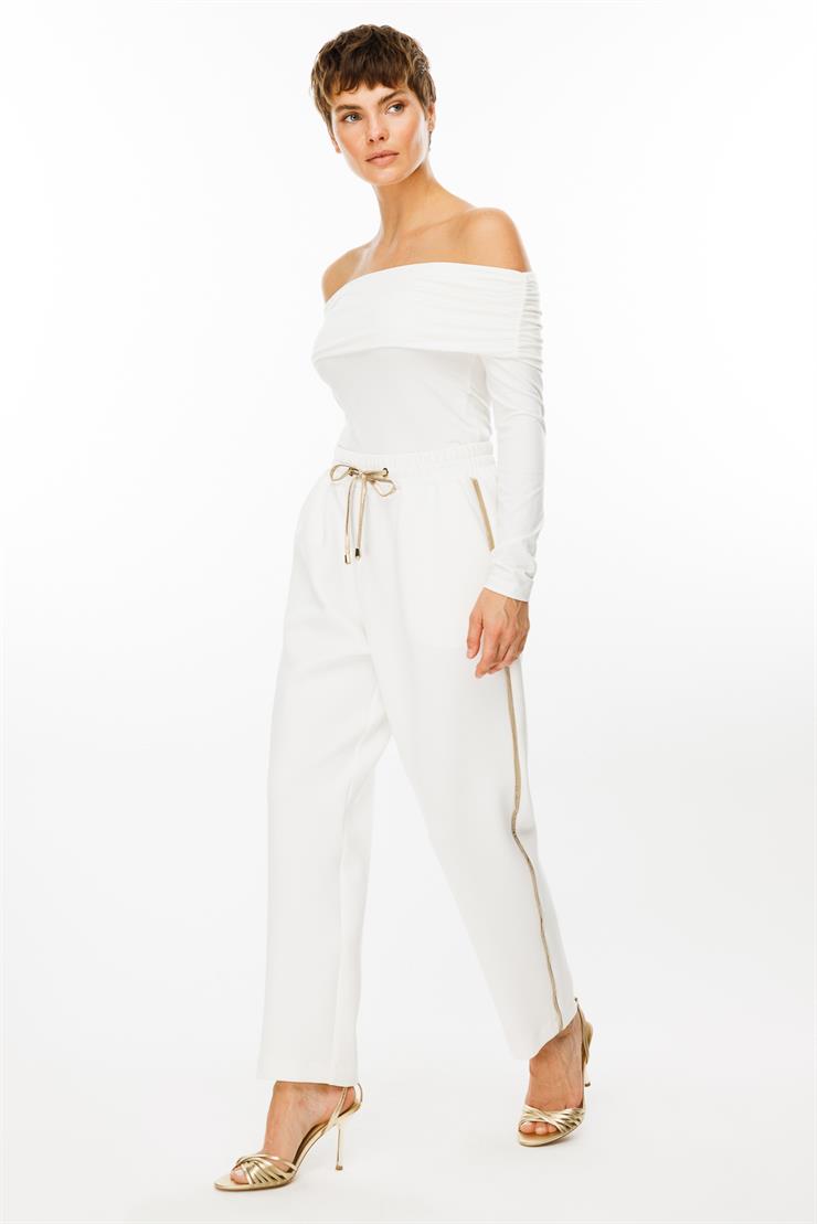 Modailgi  Yanı Deri Şeritli Beli Lastikli Pantolon - 7060 Ekru