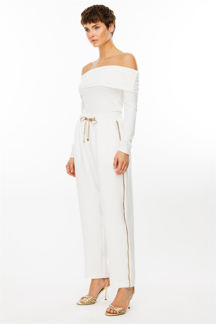 Modailgi  Yanı Deri Şeritli Beli Lastikli Pantolon - 7060 Ekru