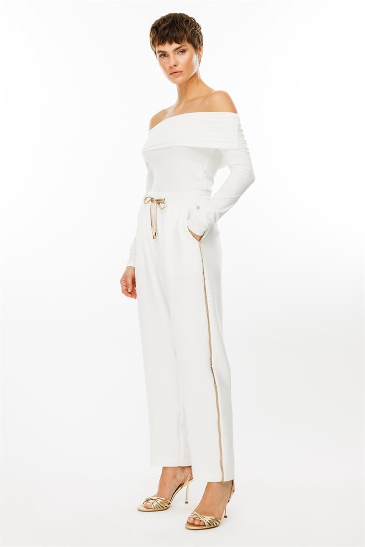 Modailgi  Yanı Deri Şeritli Beli Lastikli Pantolon - 7060 Ekru