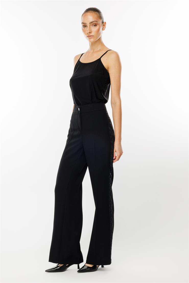 Modailgi  Yanı Simli Puanlı Yüksek Bel Geniş Paça Pantolon - 1611 Siyah