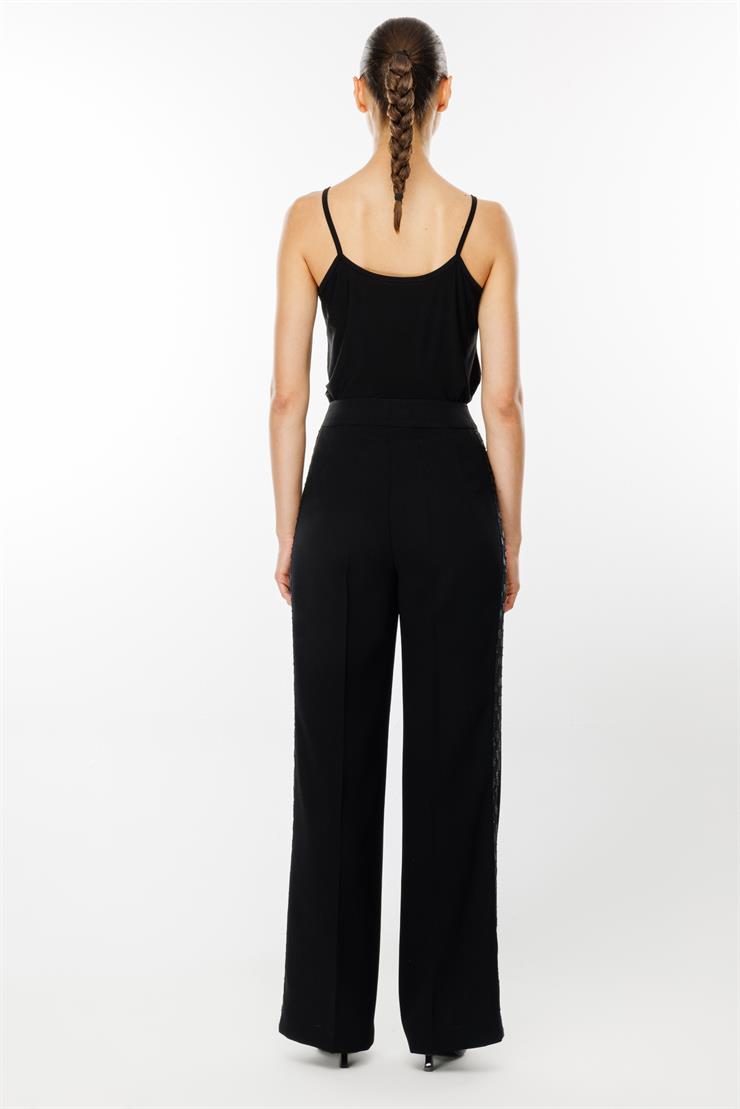 Modailgi  Yanı Simli Puanlı Yüksek Bel Geniş Paça Pantolon - 1611 Siyah