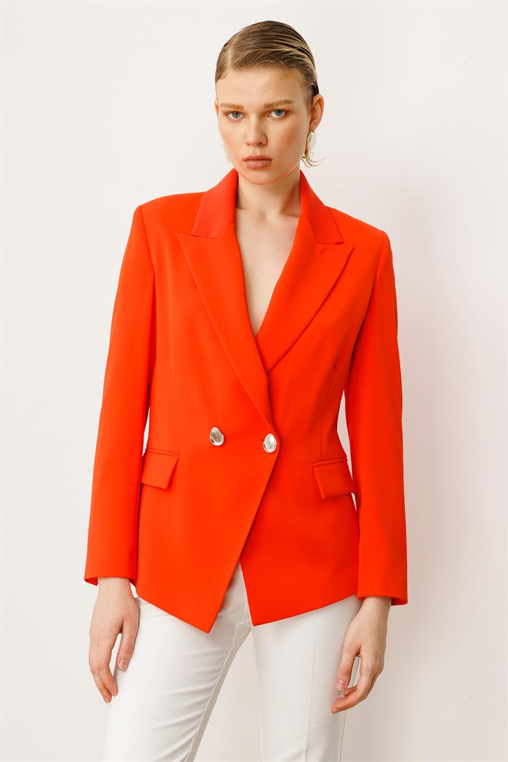 Modailgi  Yanları Metal Aksesuarlı Kruvaze Ceket Mercan