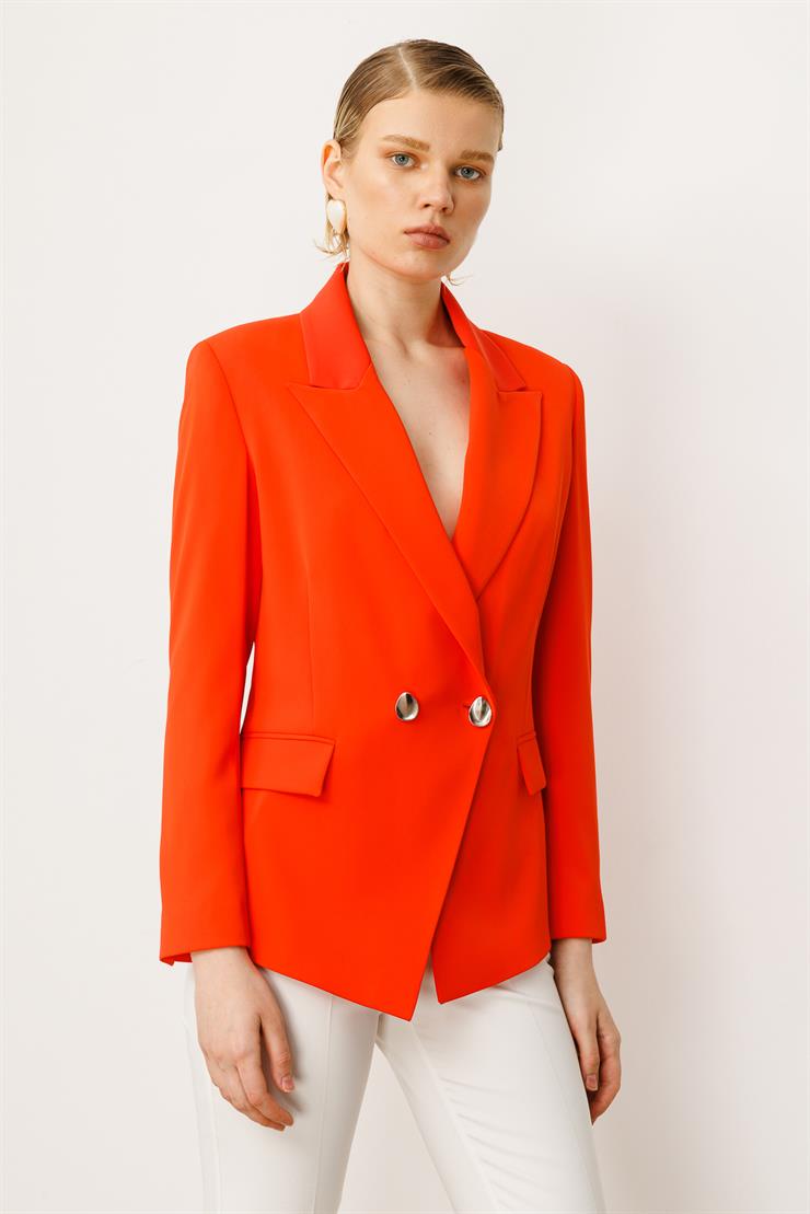 Modailgi  Yanları Metal Aksesuarlı Kruvaze Ceket Mercan