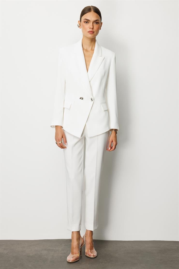 Modailgi  Yanları Metal Aksesuarlı Kruvaze Ceket Ekru