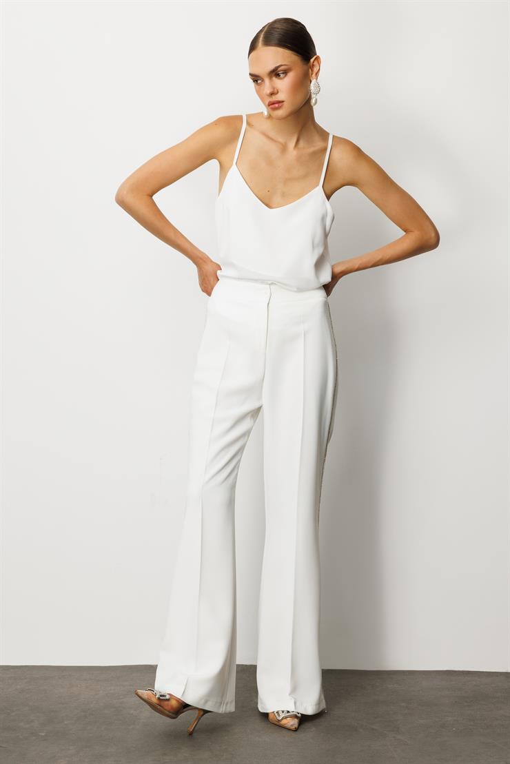 Modailgi  Yanları Şerit Swaroski Pantolon - 75008 Ekru