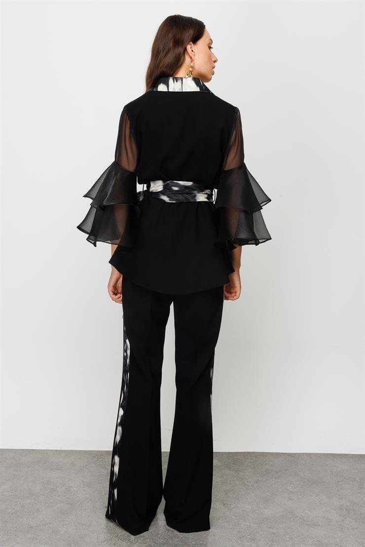 Modailgi  Yanları Şeritli İspanyol Paça Pantolon Siyah