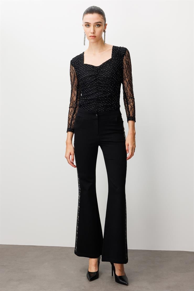 Modailgi  Yanları Taş Detaylı Yüksek Bel İspanyol Paça Pantolon Siyah